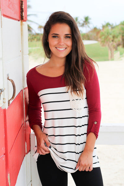 Burgundy Striped Top with Crochet Pocket