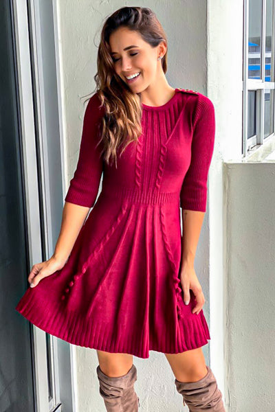 Burgundy Sweater Dress With Button Detail