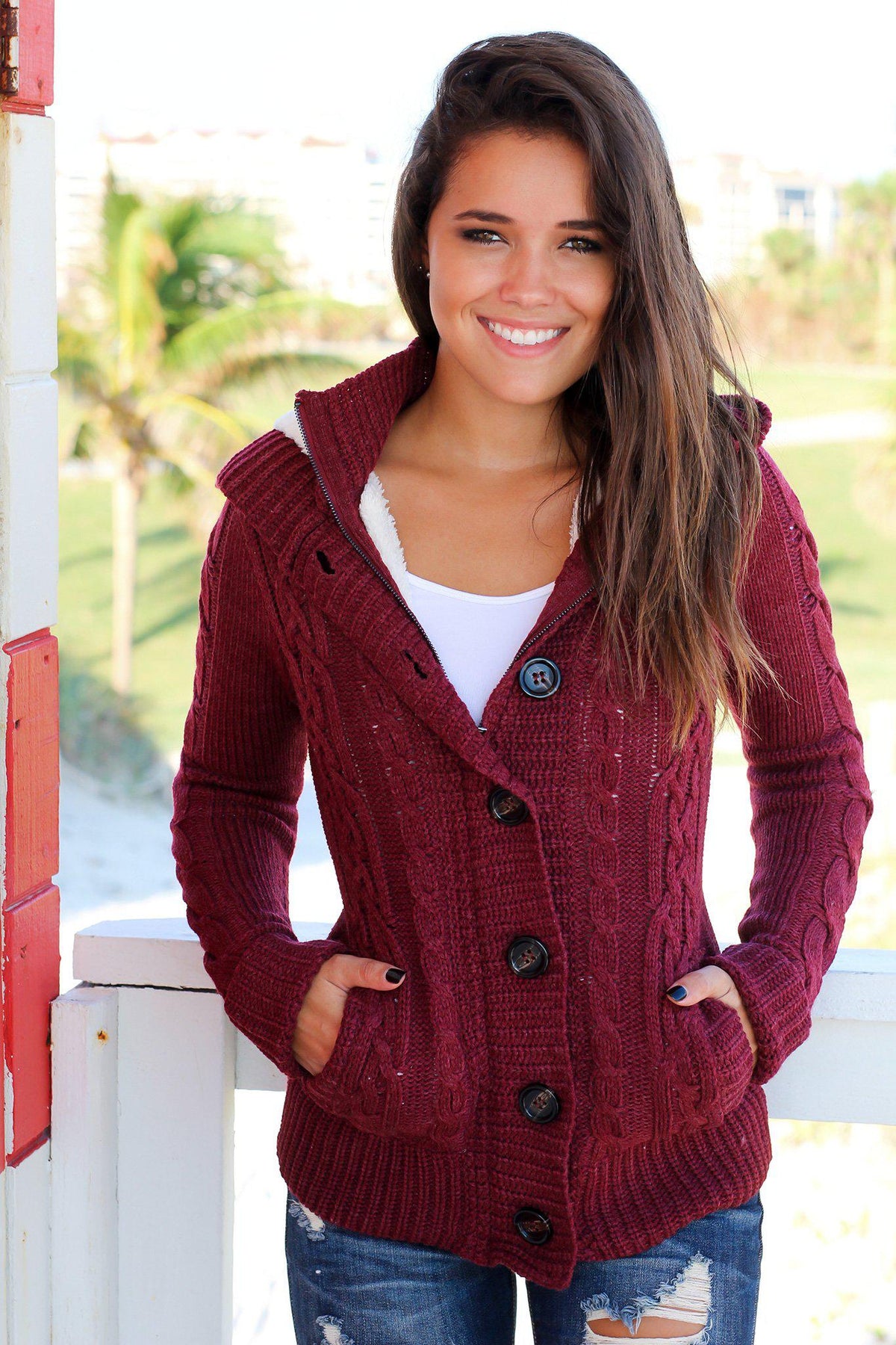 Burgundy Sweater With Fur Hood | Sweaters – Saved by the Dress