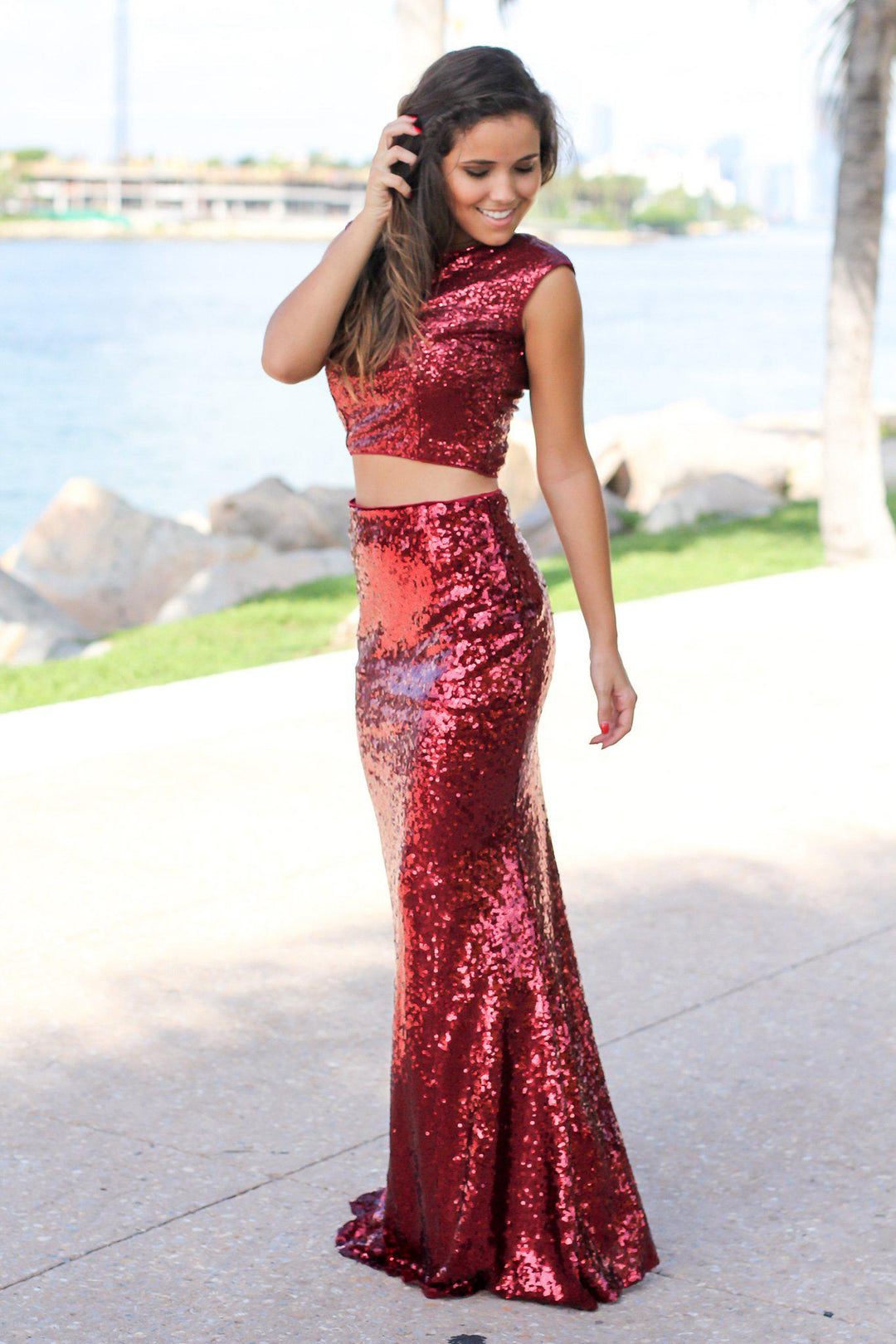 black cut out bodycon dress R & M Richards Women's Sequin Lace Keyhole Halter Gown - Dark Rose main image 1
