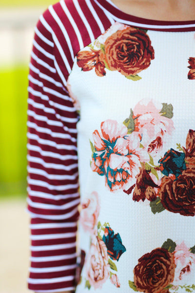 Burgundy Floral Top with 3/4 Sleeves