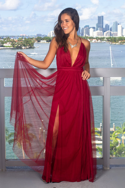 Burgundy Tulle Maxi Dress with Criss Cross Back
