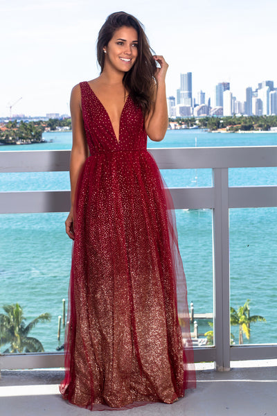Burgundy Tulle Maxi Dress with Glitter Detail