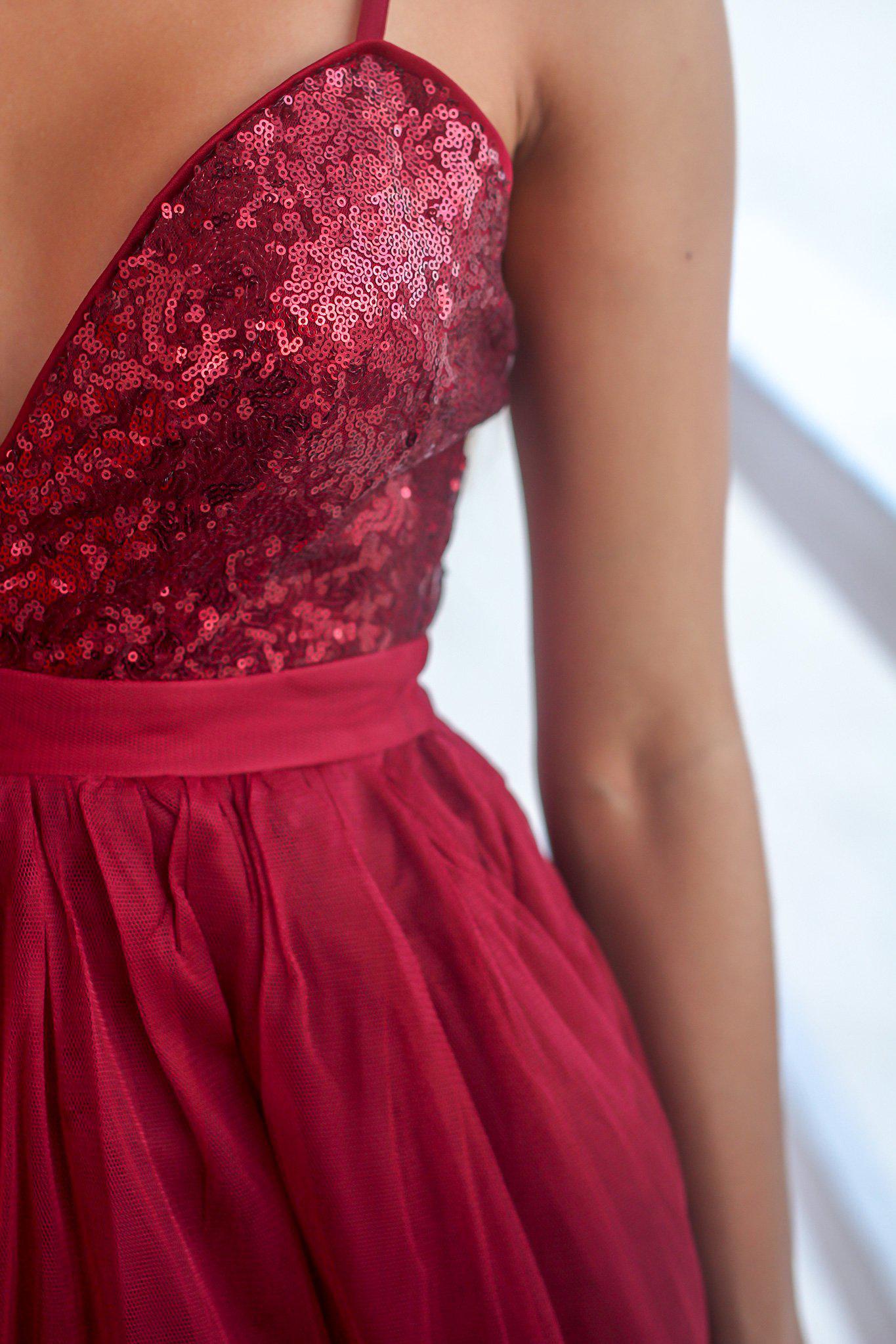 Burgundy Tulle Short Dress with Sequin Top