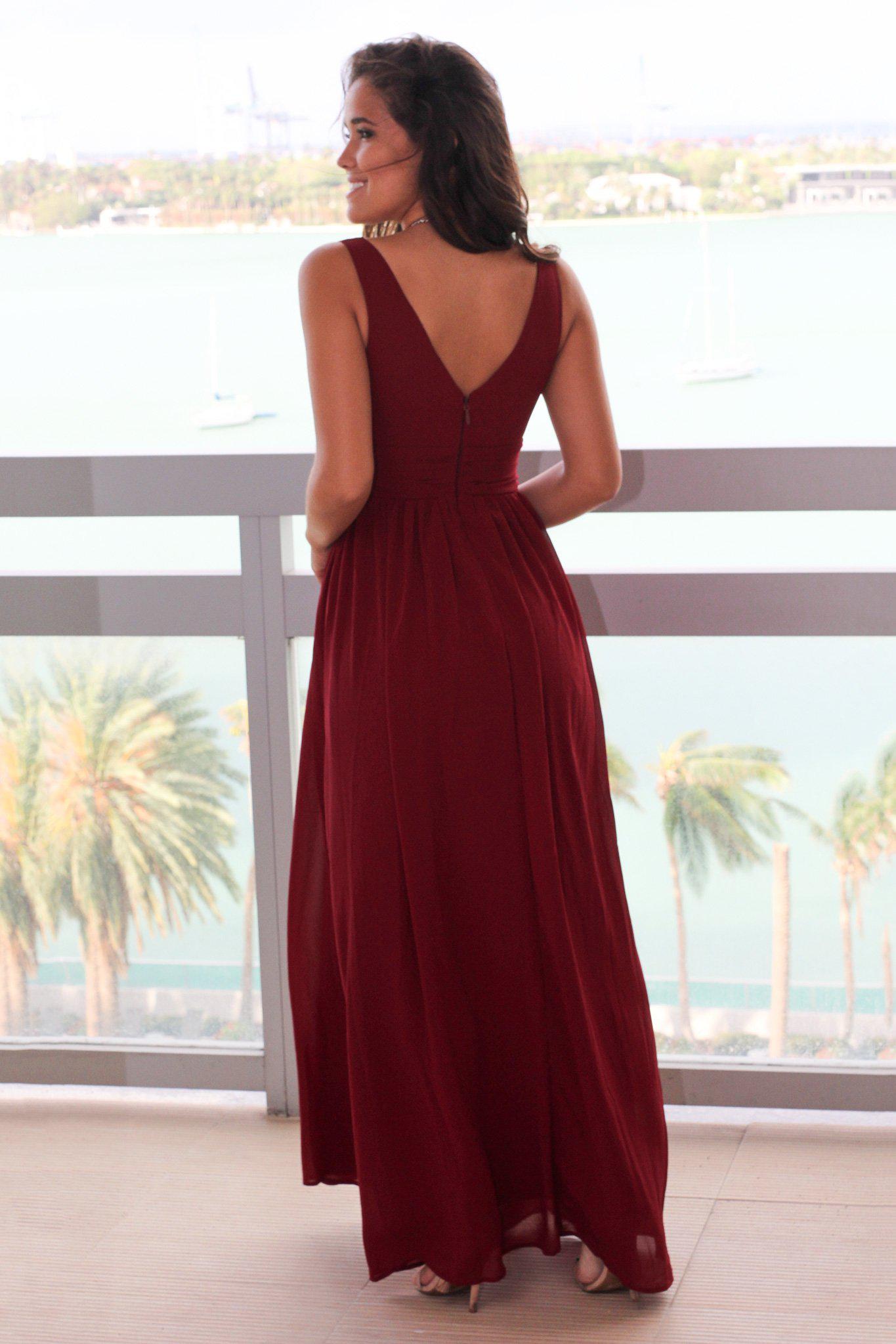 Burgundy V-Neck Maxi Dress with Pleated Top
