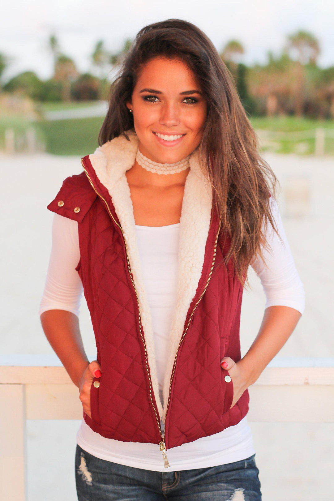 Burgundy Quilted Vest with Fur Collar | Vests  Saved by the Dress