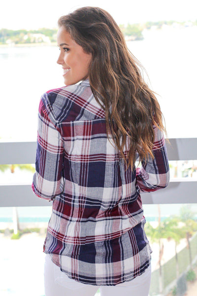 Burgundy and Navy Plaid Top with Lace Detail