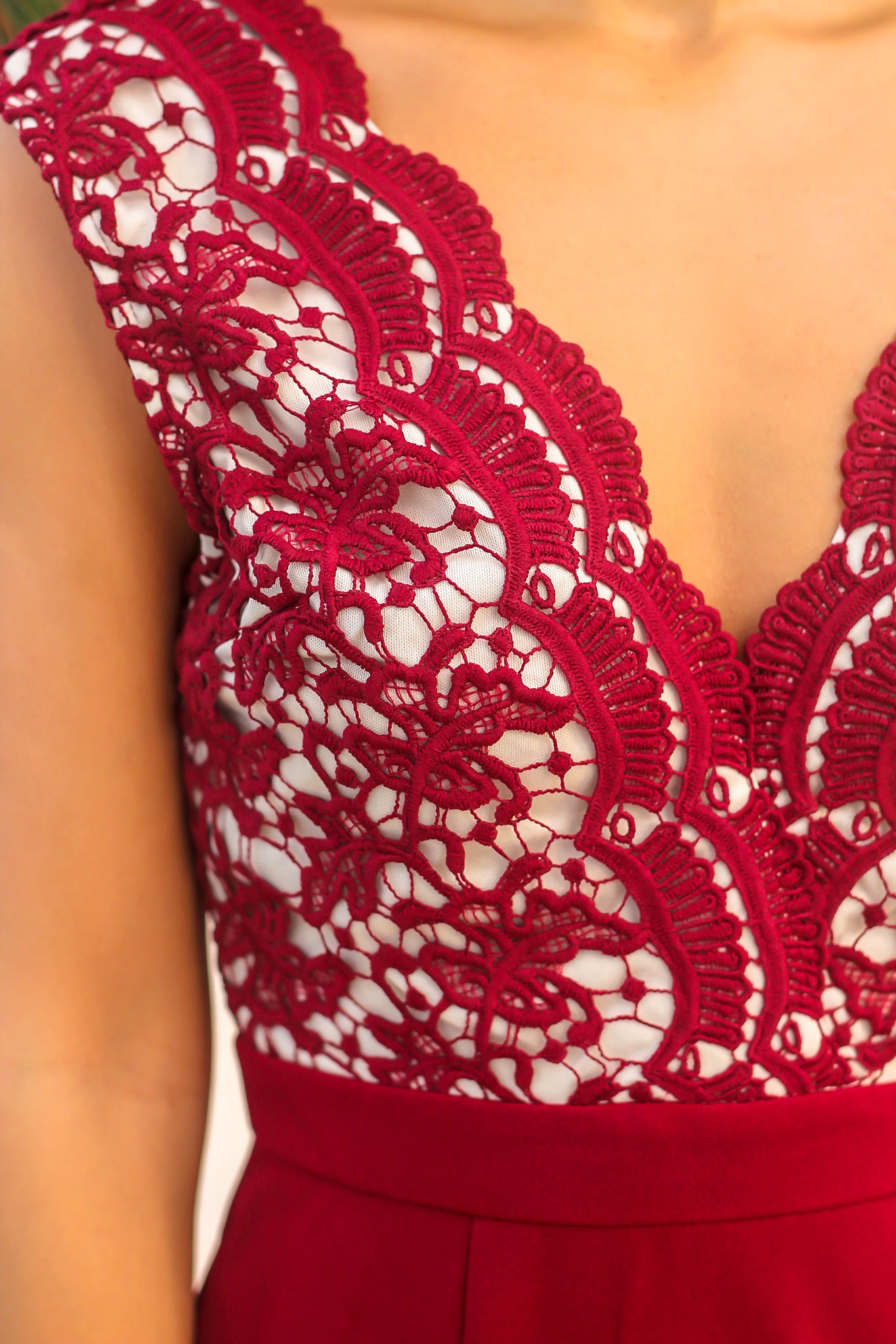 Burgundy and Nude Crochet Maxi Dress