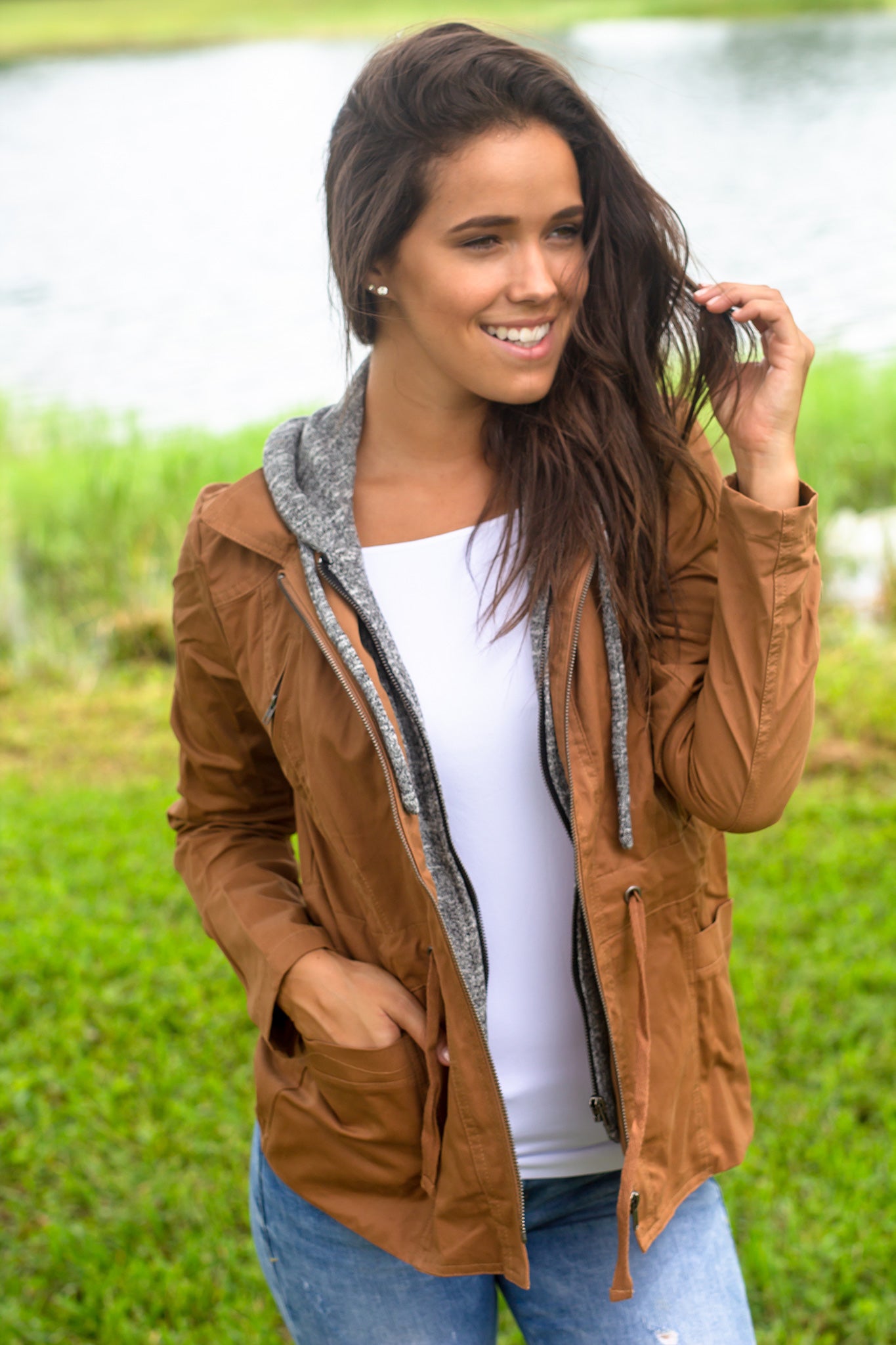 Camel Jacket with Gray Hood | Cute Sweaters – Saved by the Dress