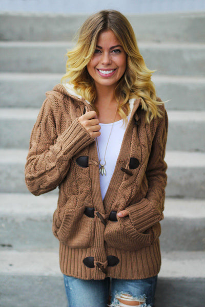 camel hooded sweater with fur