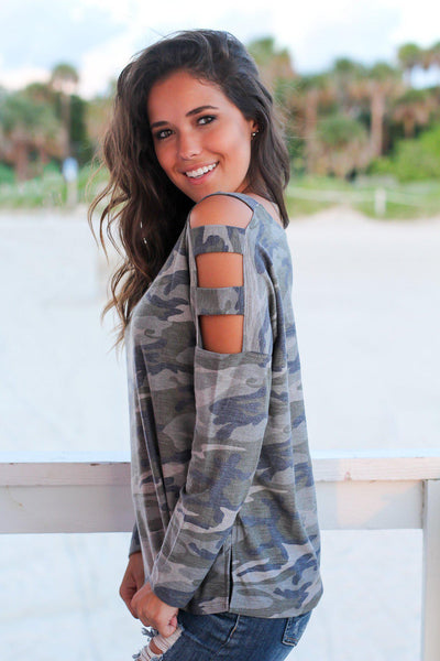 Camo Long Sleeve Top with Strap Detail Sleeves