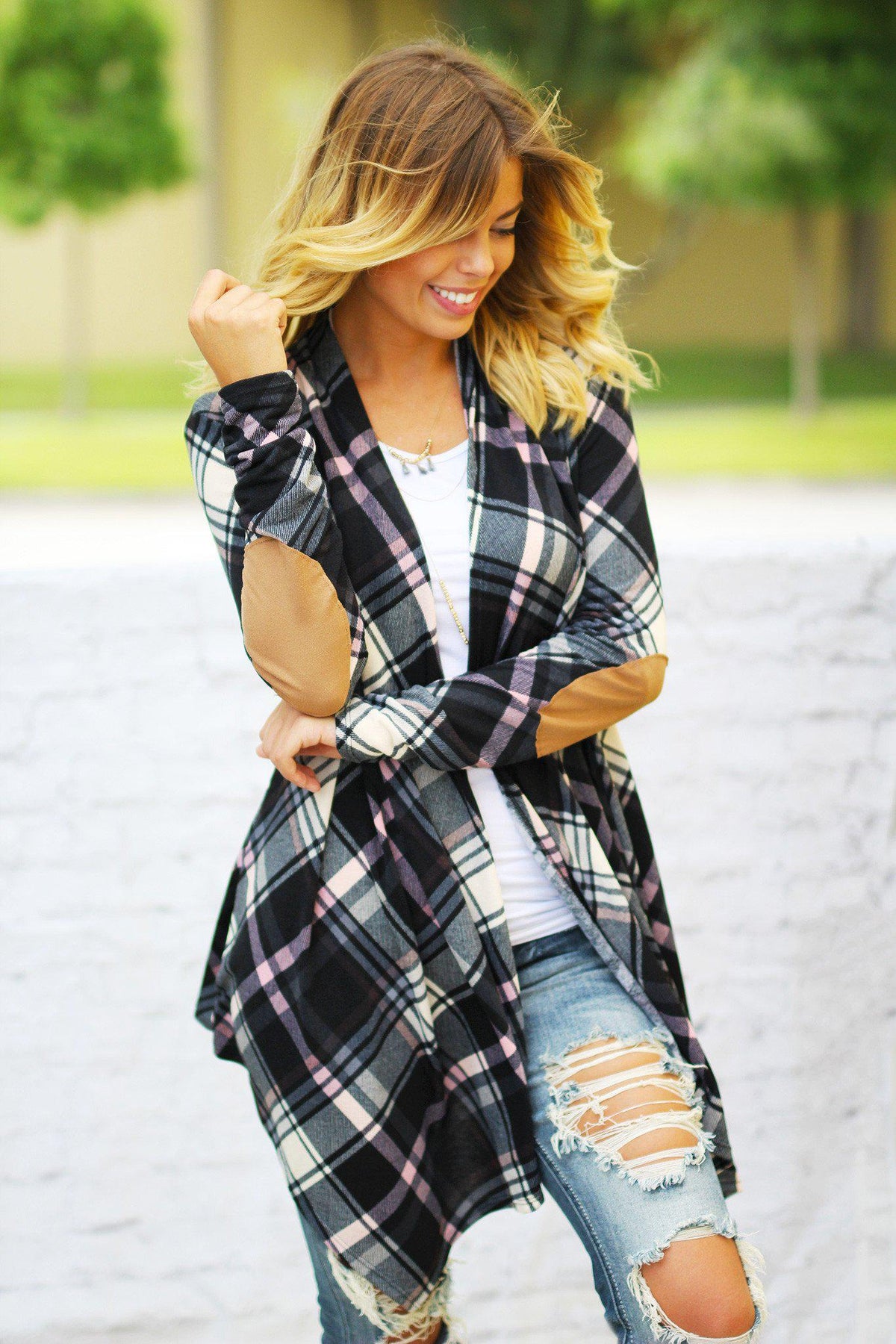 Black and Pink Plaid Cardigan With Elbow Patches – Saved by the Dress