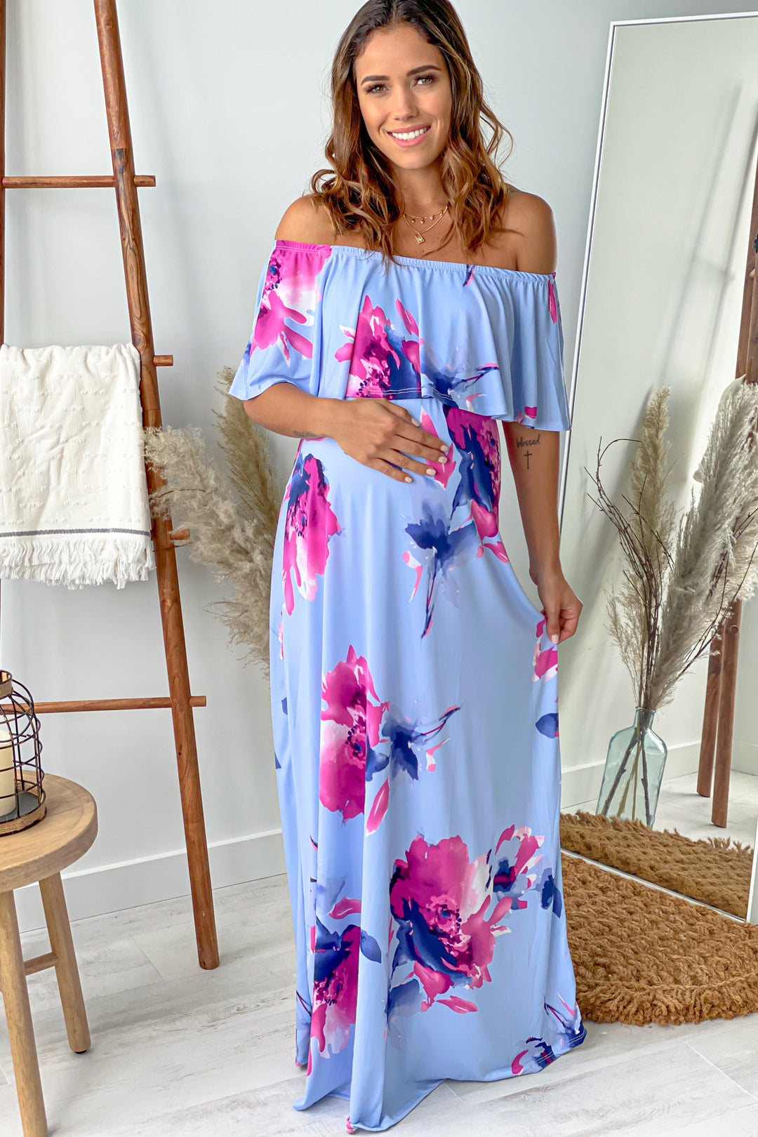 chambray off shoulder dress Chambray Floral Off Shoulder Maternity Maxi Dress