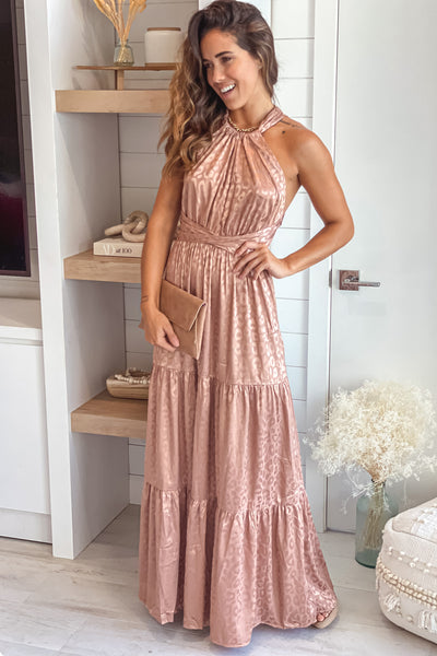 Champagne Animal Print Satin Maxi Dress With Open Back