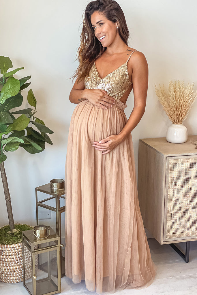 Champagne Glitter Top Maternity Tulle Maxi Dress