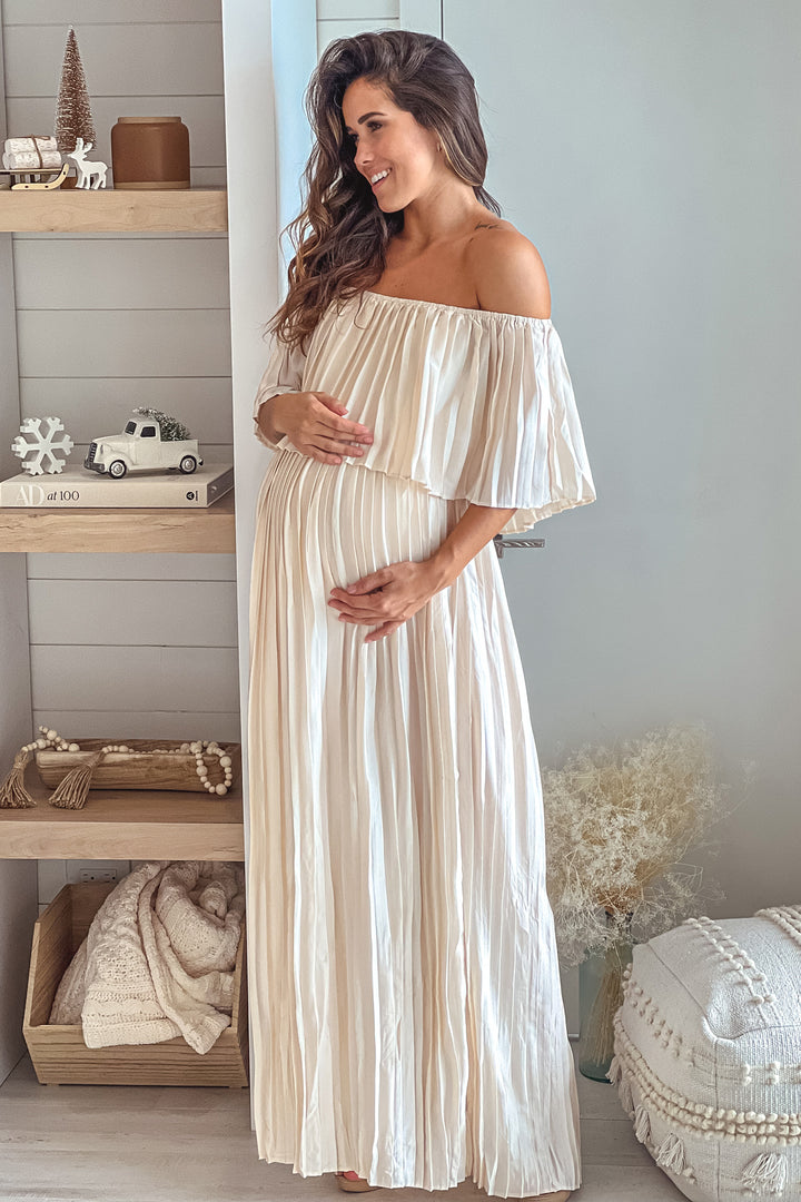 chinese dress ladies Brown Colorblock Pleated Halter Neck Maternity Maxi Dress – PinkBlush