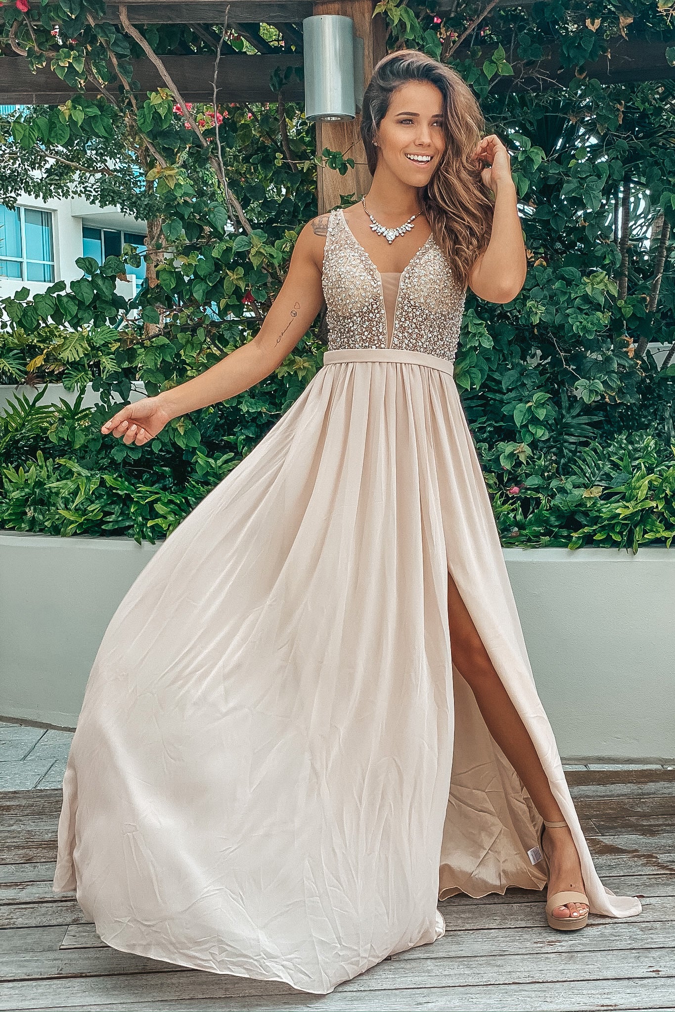 Champagne Sequin Maxi Dress with Mesh Back