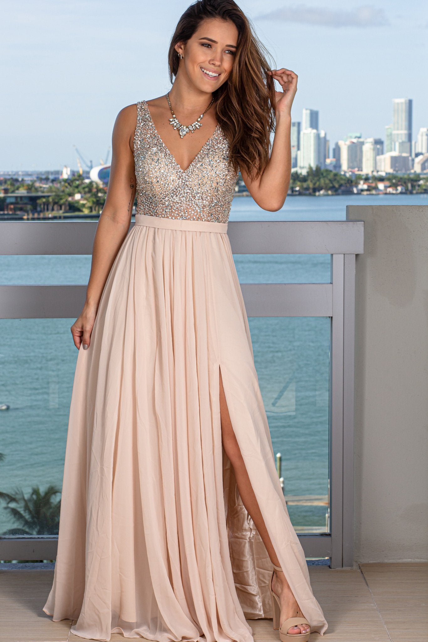 Champagne Maxi Dress with Silver Jewels