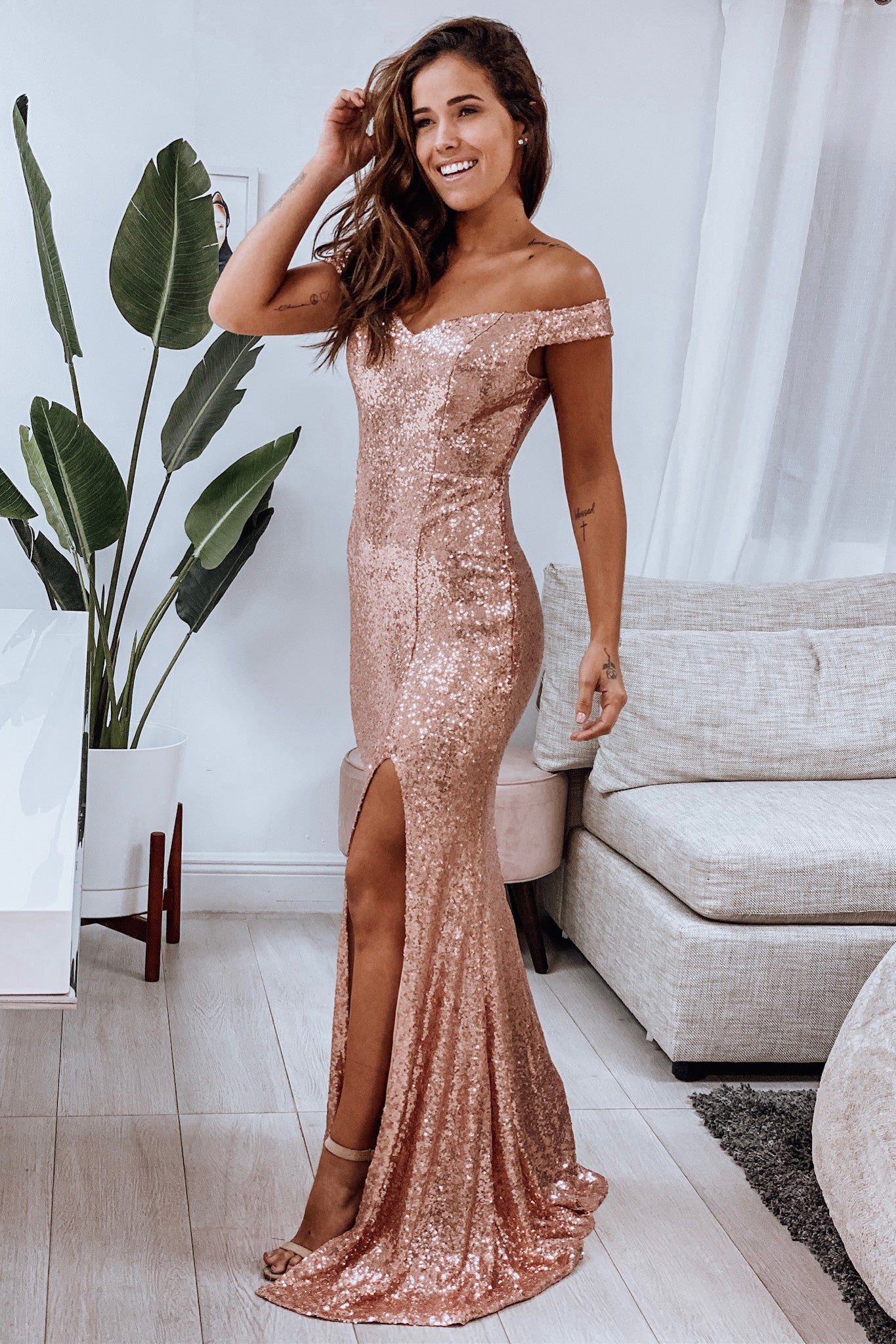 Champagne Sequin Maxi Dress with Side Slit