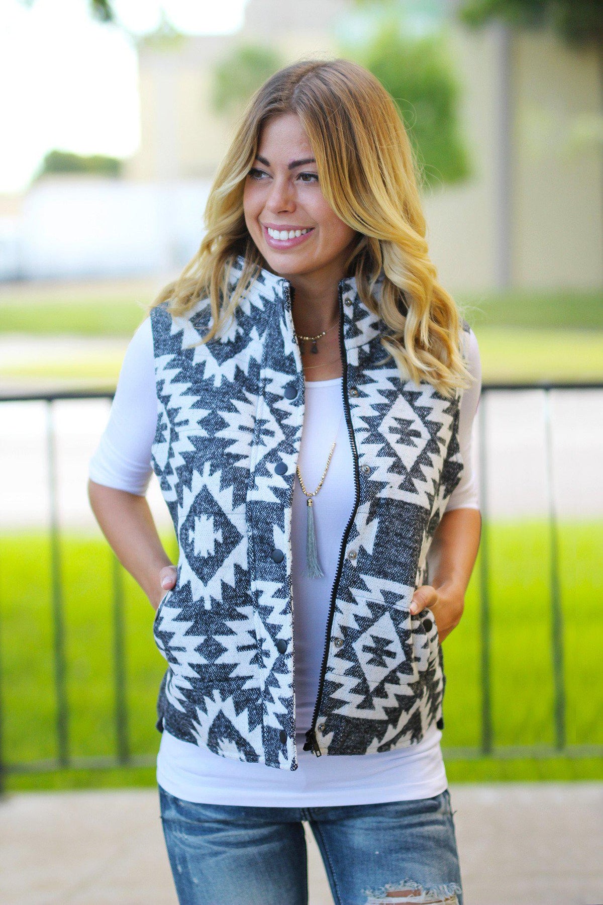 Charcoal Aztec Vest with Pockets | Aztec Print Vest – Saved by the Dress