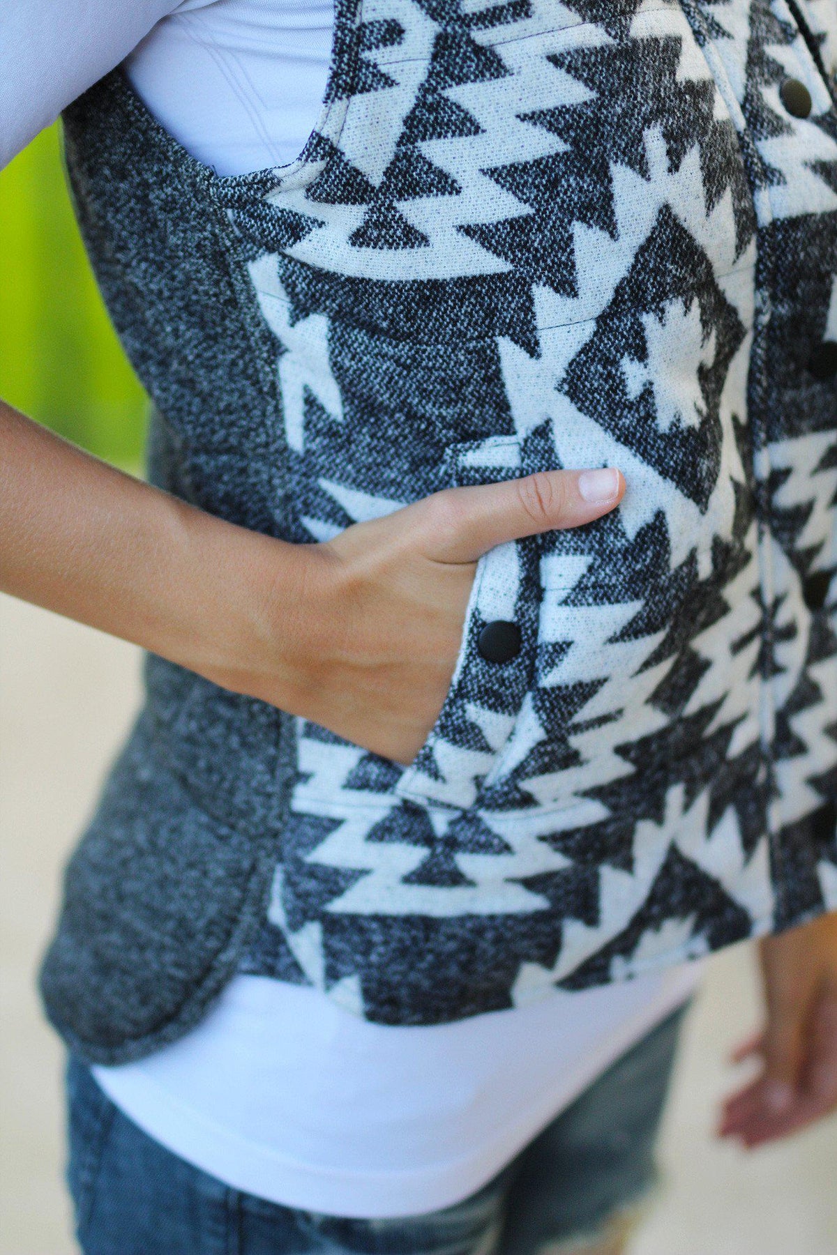 Charcoal Aztec Vest with Pockets | Aztec Print Vest – Saved by the Dress