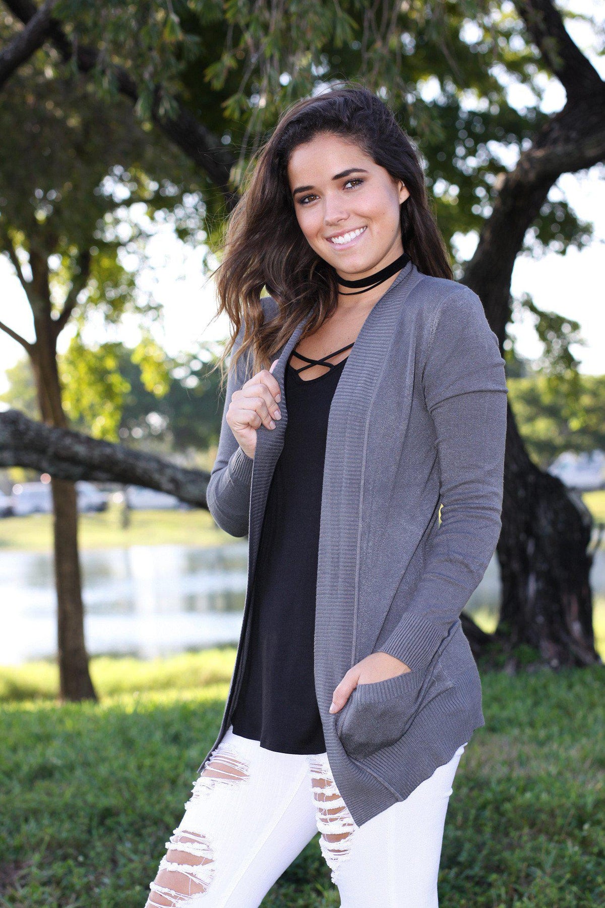 Charcoal Cardigan with Pockets | Open Front Cardigan | Charcoal Cardi ...