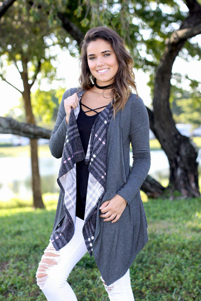 charcoal double layered plaid cardigan