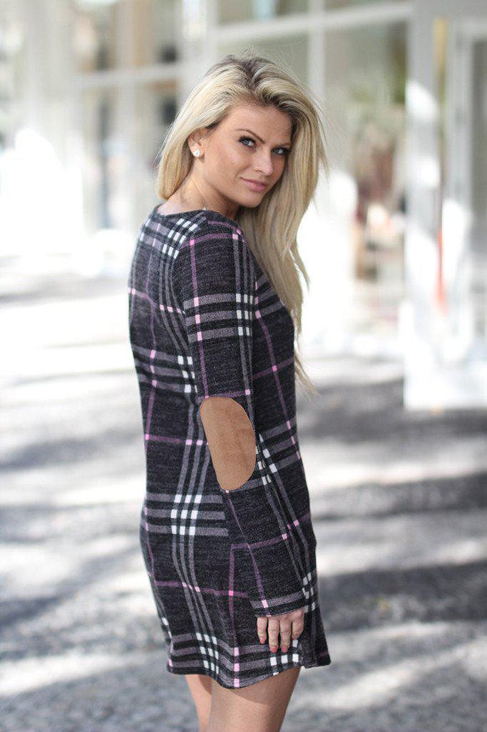 Charcoal Plaid Dress with Elbow Patches