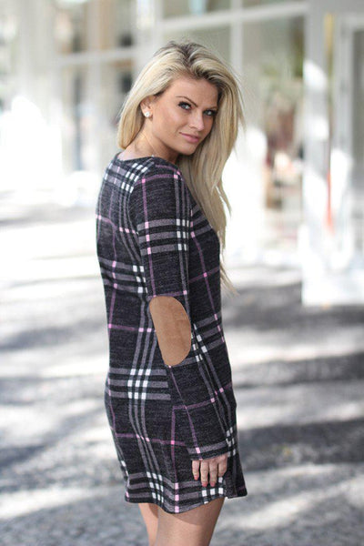 Charcoal Plaid Dress with Elbow Patches