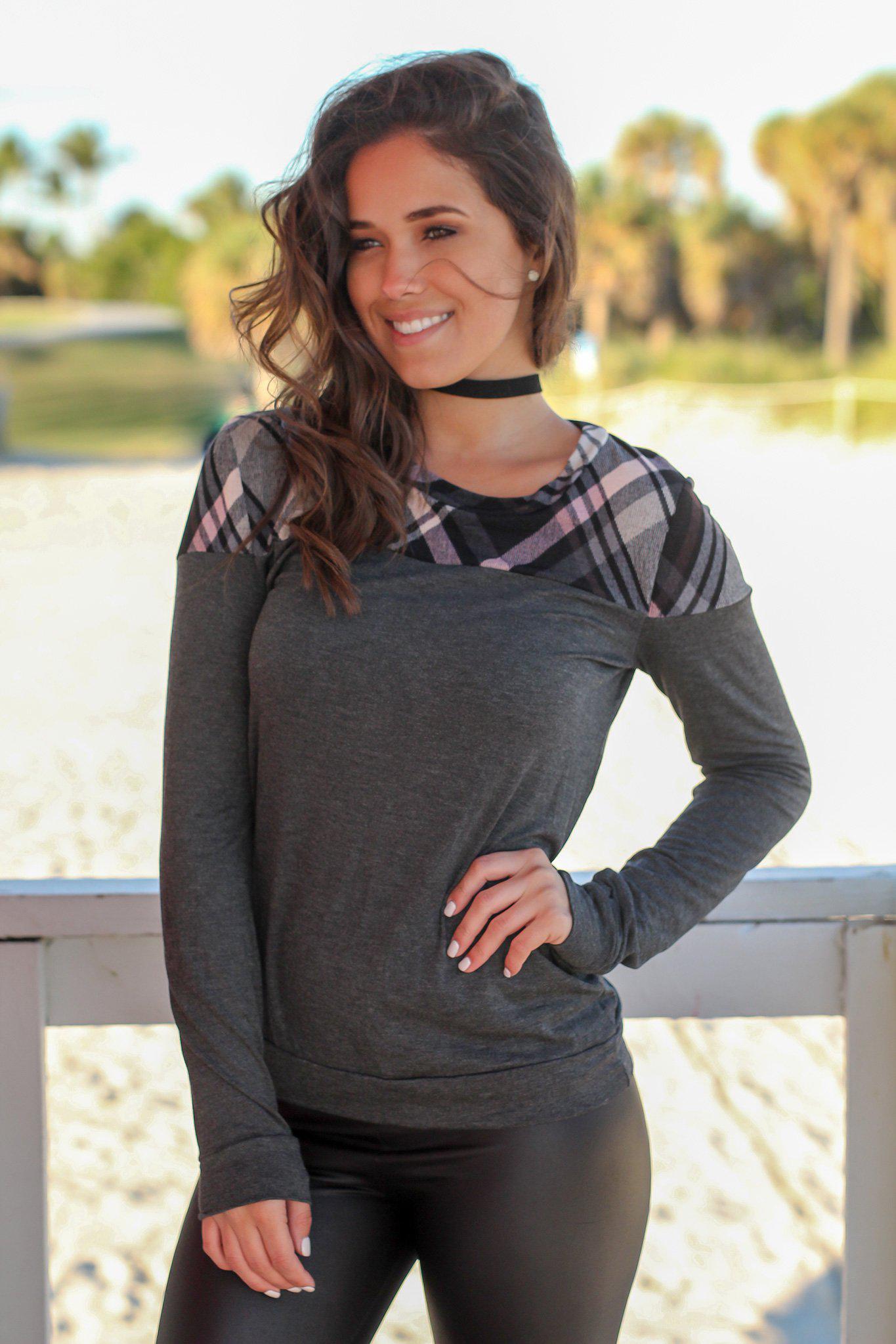 Charcoal Long Sleeve Top with Plaid Detail