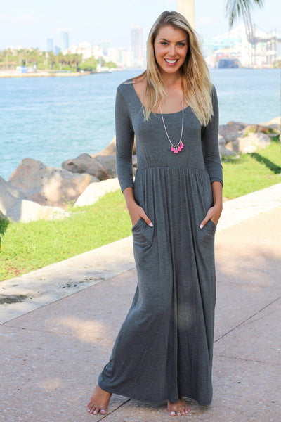 Charcoal Scoop Neck Maxi Dress with 3/4 Sleeves