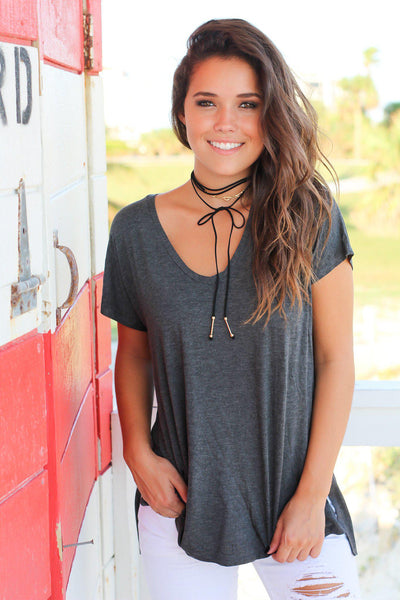 Charcoal Short Sleeve V-Neck Top