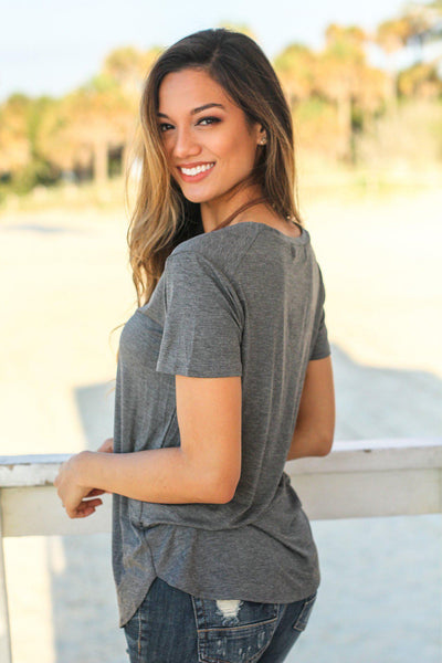 Charcoal V-Neck Top with Short Sleeves