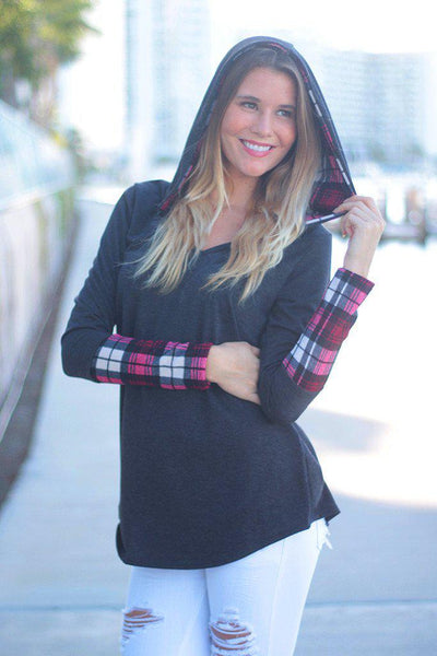 Charcoal and Plaid Printed Hooded Tunic