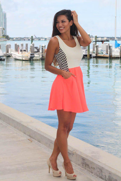 Neon Coral Chevron Dress With Pockets