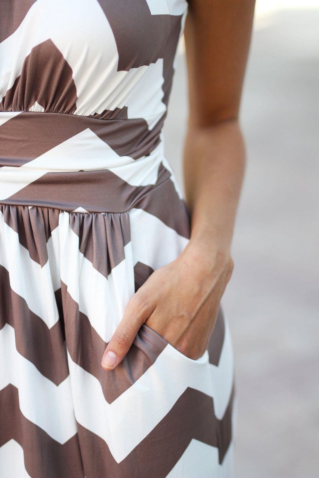 Mocha and White Chevron Maxi Dress with Pockets