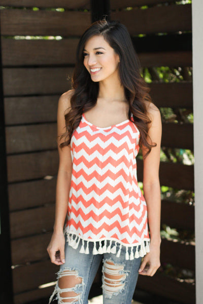 Coral Chevron Tank Top with Tassels