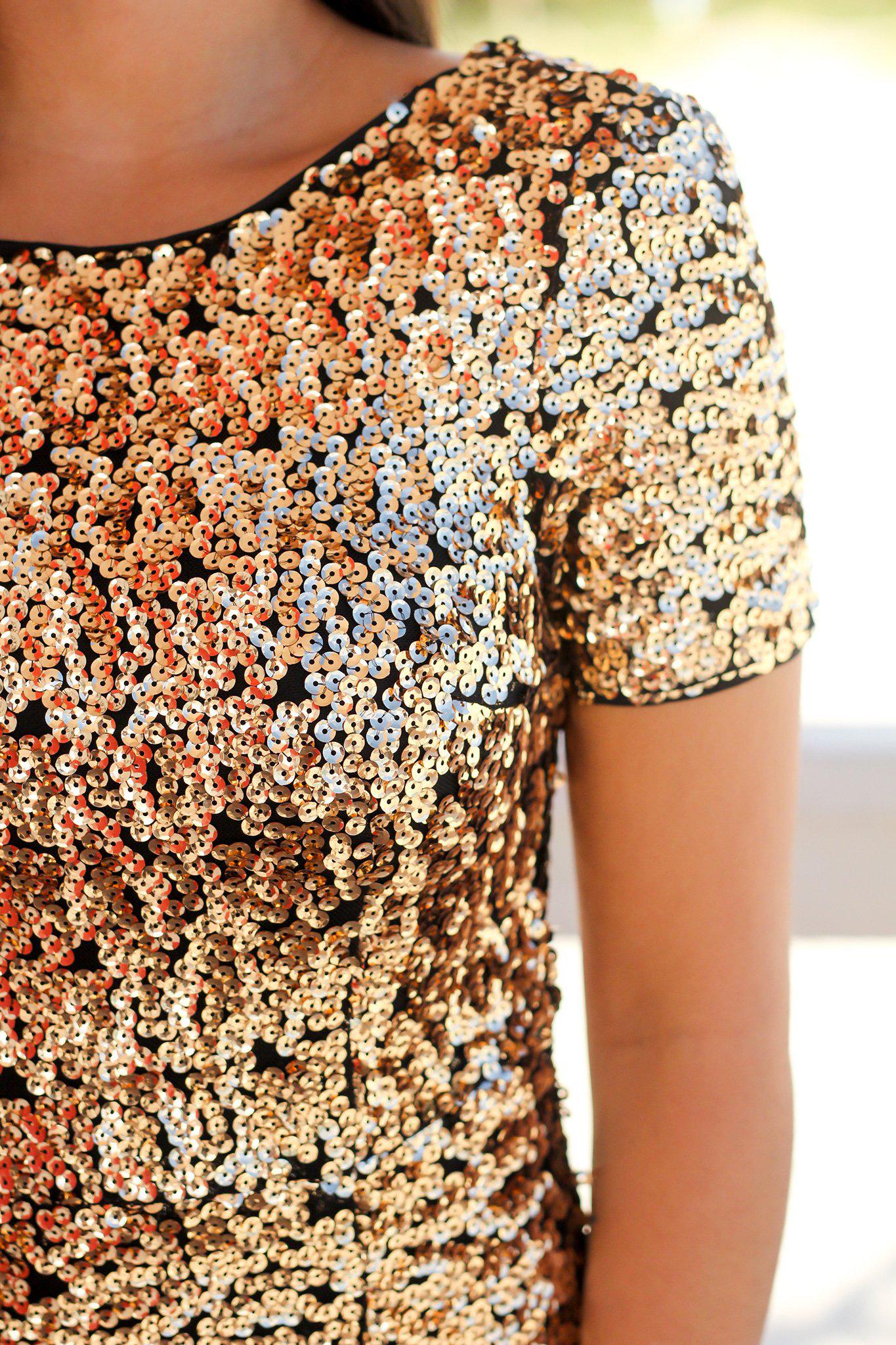Gold Sequined Short Dress with Short Sleeves | Short Dresses Saved by the Dress Gold Sequined Short Dress with Short Sleeves | Short Dresses Saved by the Dress