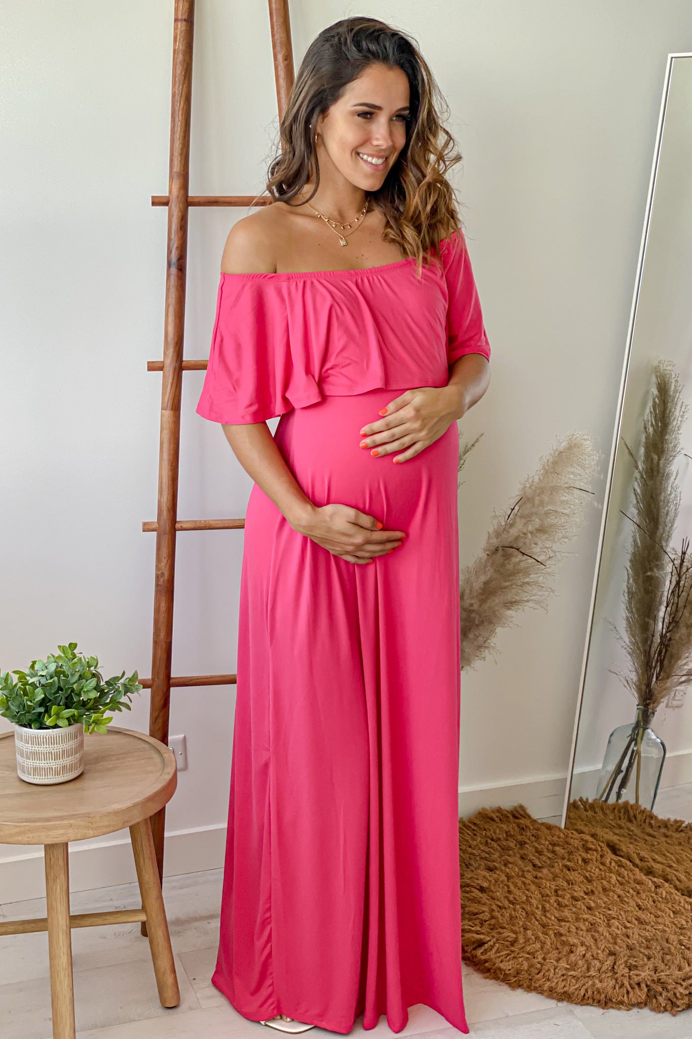 Coral Off Shoulder Maternity Maxi Dress with Ruffled Top