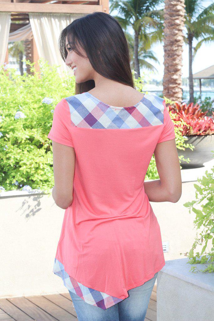 Coral And Plaid Asymmetrical Top
