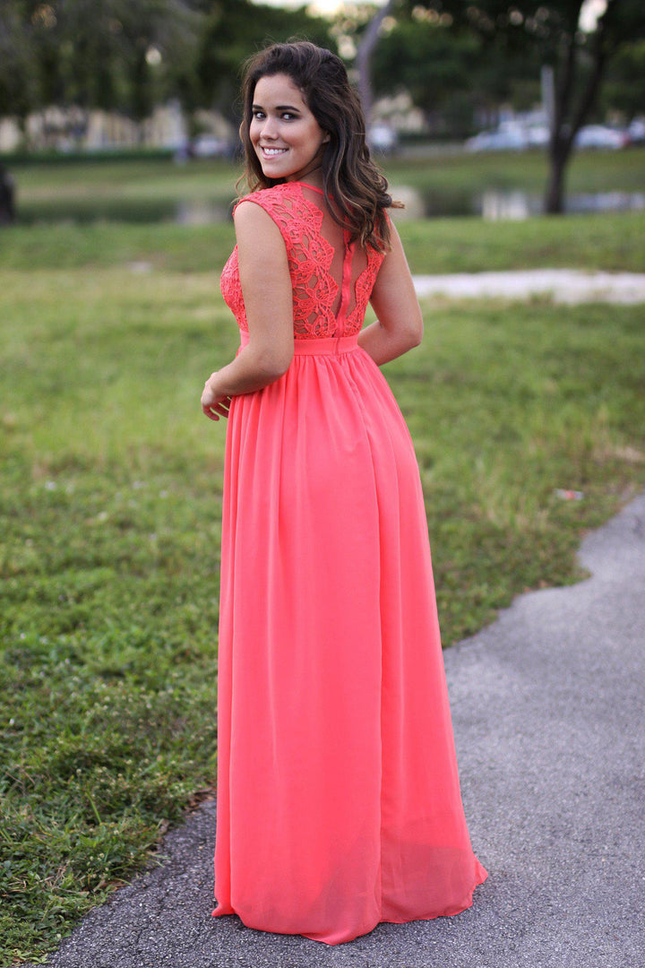 Coral Crochet Maxi Dress with Tulle Back | Bridesmaid Dresses Saved by the Dress Coral Crochet Maxi Dress with Tulle Back | Bridesmaid Dresses Saved by the Dress