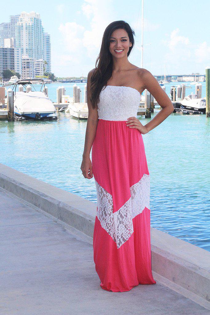 coral and white maxi dress Coral and Ivory Chevron Maxi Dress with Lace – Saved by the Dress