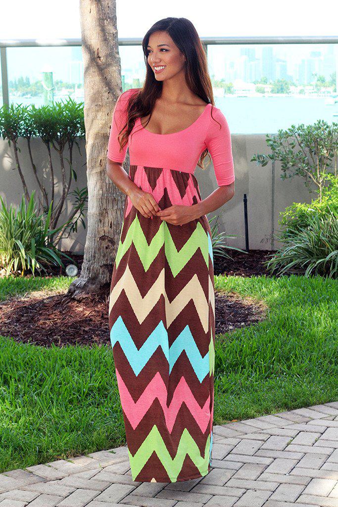 Coral Chevron Maxi Dress with 3/4 Sleeves