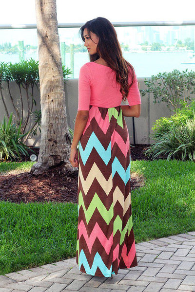 Coral Chevron Maxi Dress with 3/4 Sleeves