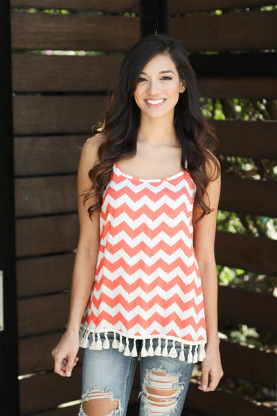 Coral Chevron Tank Top with Tassels