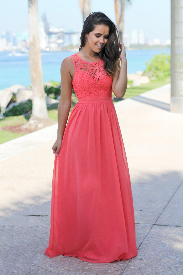 Coral Crochet Maxi Dress with Open Back | Maxi Dresses Saved by the Dress Coral Crochet Maxi Dress with Open Back | Maxi Dresses Saved by the Dress