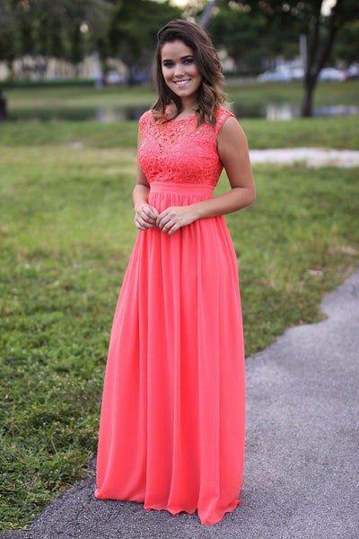 Coral Crochet Maxi Dress with Tulle Back | Bridesmaid Dresses – Saved ...