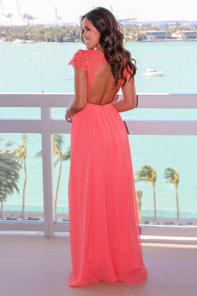 Coral Crochet Top Maxi Dress with Open Back
