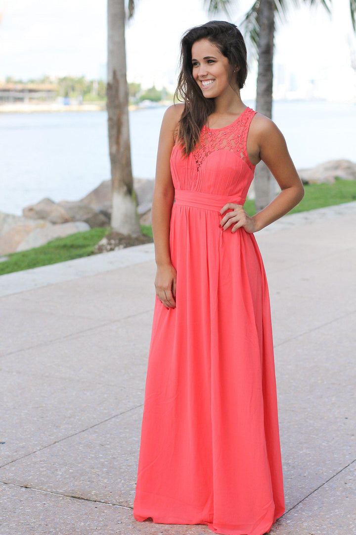 Coral Maxi Dress with Pleated Lace Top Beautiful Dresses Saved by the Dress