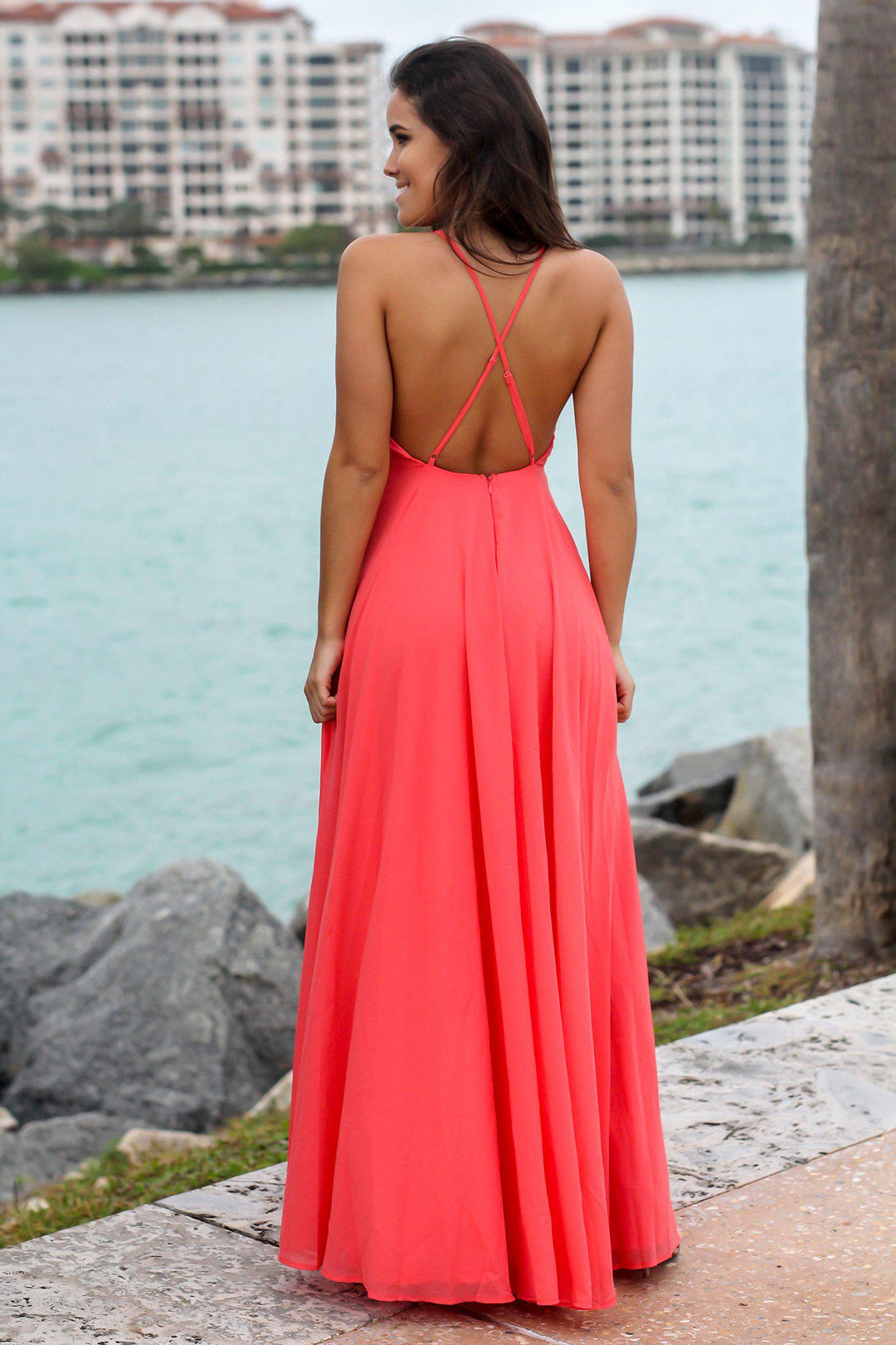 Coral Dress with Criss Cross Back | Maxi Dresses Saved by the Dress Coral Dress with Criss Cross Back | Maxi Dresses Saved by the Dress